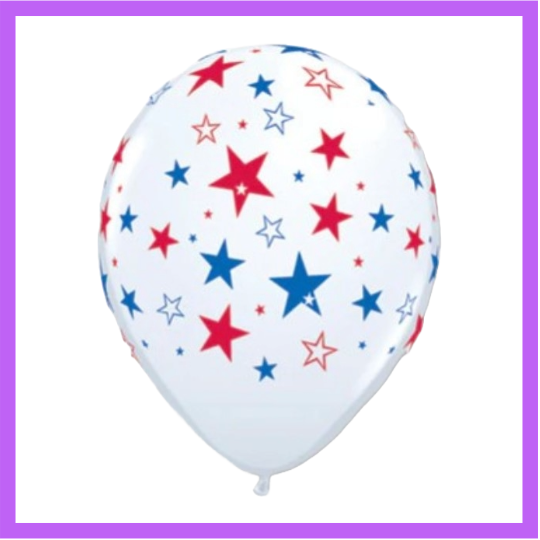 12" White with red, white and blue stars latex balloon PL03