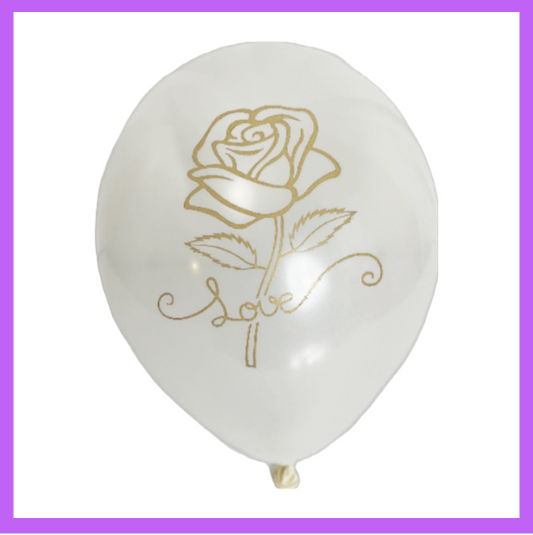 12" Gold Love Rose on White Latex Balloon PL18