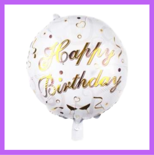 18" Round White and Gold Happy Birthday Foil Balloon HB02