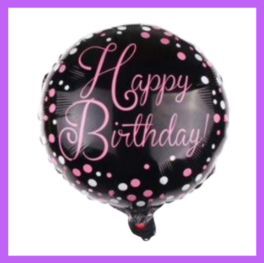 18" Round Poka Dots Pink and Black Happy Birthday Foil Balloon HB07