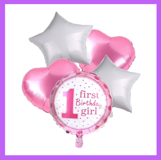 5 Pcs Set 1st Birthday Girl with Stars and Hearts Foil Balloon Bouquet BQ10