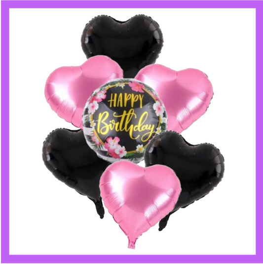 7 Pcs Happy Birthday Balloon Bouquet with Pink and Black Hearts BQ12