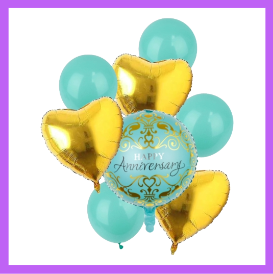 8 Pcs Set Happy Anniversary Balloon Bouquet with Gold Hearts BQ14