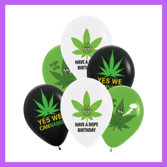 6 Pcs Set of Cannabis Weed Leaf Themed Happy Birthday Balloons BQ149