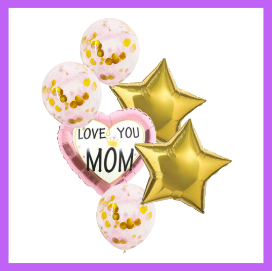 6 Pcs Set Assorted Gold and Pink I love you Mom, Mother's Day Balloon Bouquet MD10