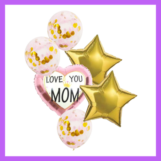 6 Pcs Set Assorted Gold and Pink I love you Mom, Mother's Day Balloon Bouquet MD10