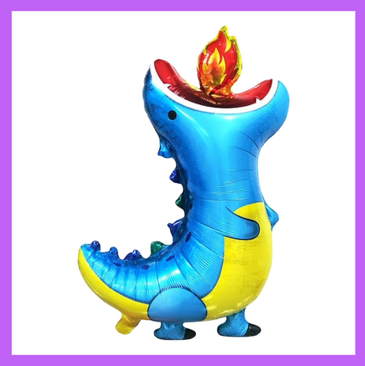 34x24 Fire Beathing Blue Dinosaur Foil Balloon SC38