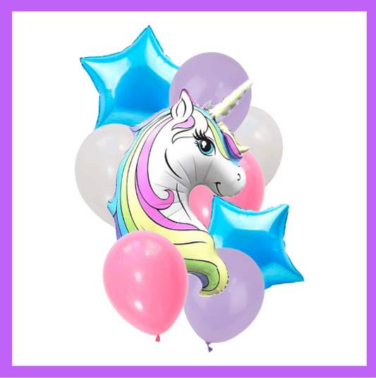 9 Pcs Set with Large 21x 30 Unicorn Balloon Bouquet with Blue Foil Stars BQ50