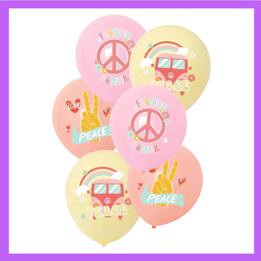 6 Piece Set of Hippie Style, Flower Power, Peace 12" Latex Balloons BQ58