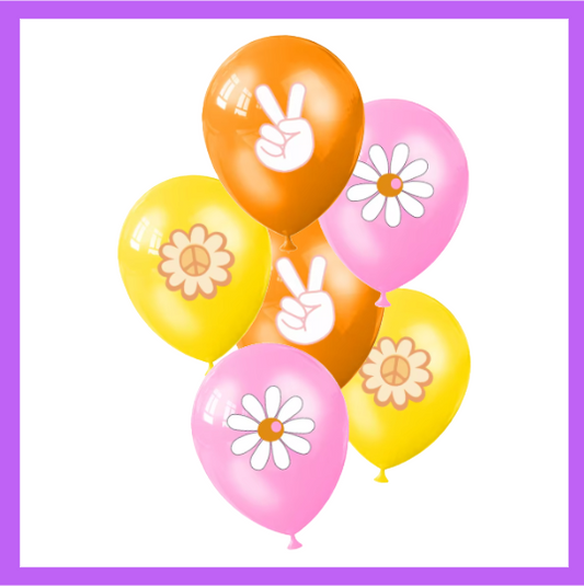 6 Piece Set of Hippie Style, Flower Power, Peace 12" Latex Balloons BQ58