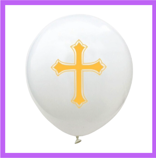 12" White Latex Balloon with Gold Cross R011