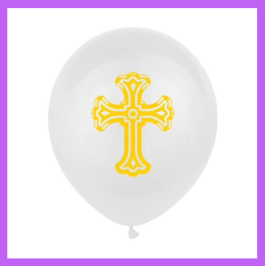 12" White Latex Balloon with Gold Cross R05